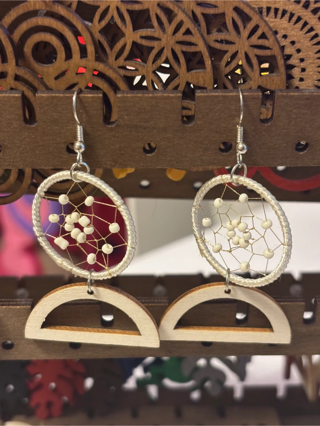 Wood Rainbow Earrings with White Flower Accent