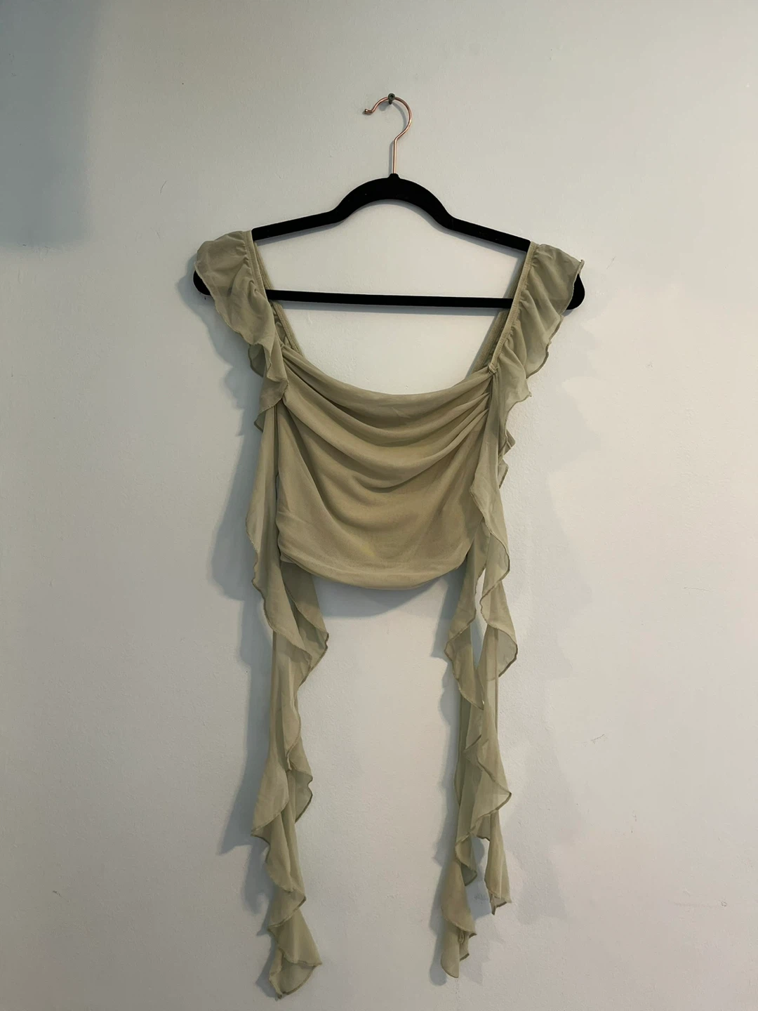Sage Green Ruched Mesh Crop Top with Ruffles - photo 2