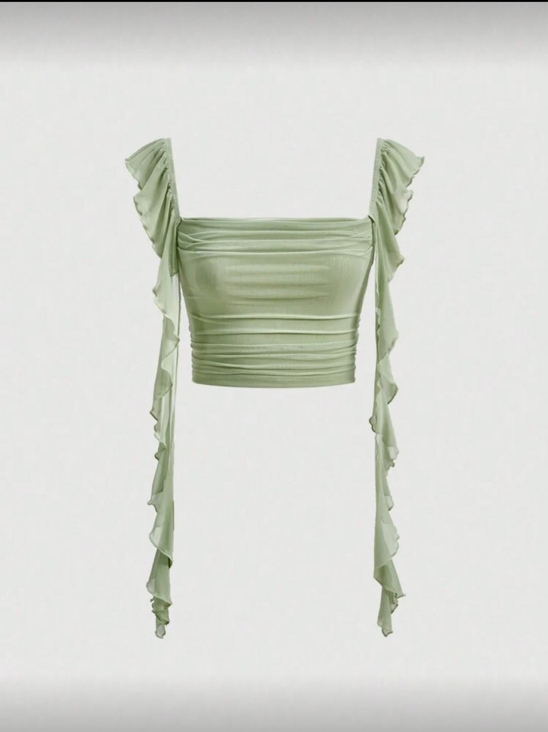 Sage Green Ruched Mesh Crop Top with Ruffles