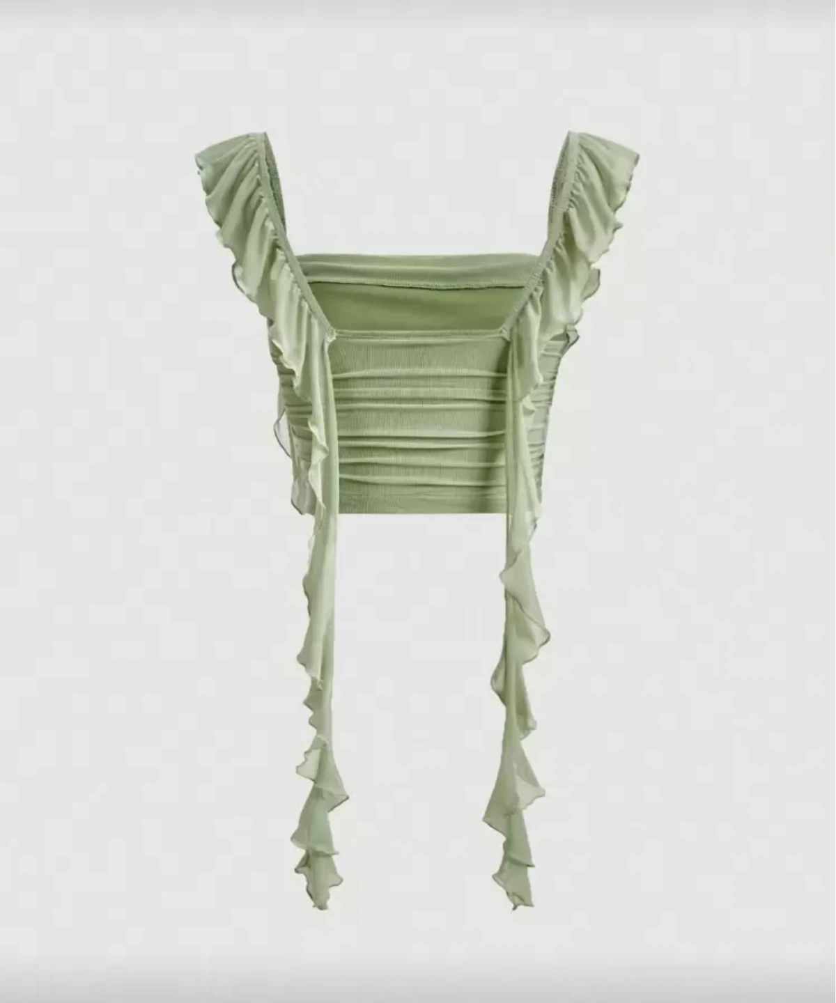 Sage Green Ruched Mesh Crop Top with Ruffles - photo 3