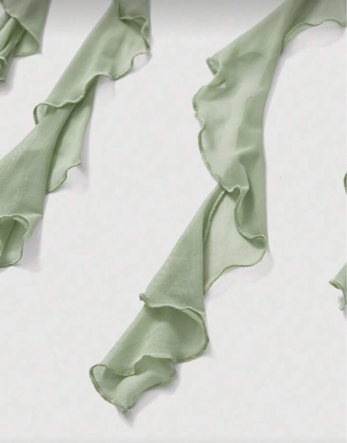 Sage Green Ruched Mesh Crop Top with Ruffles - photo 4