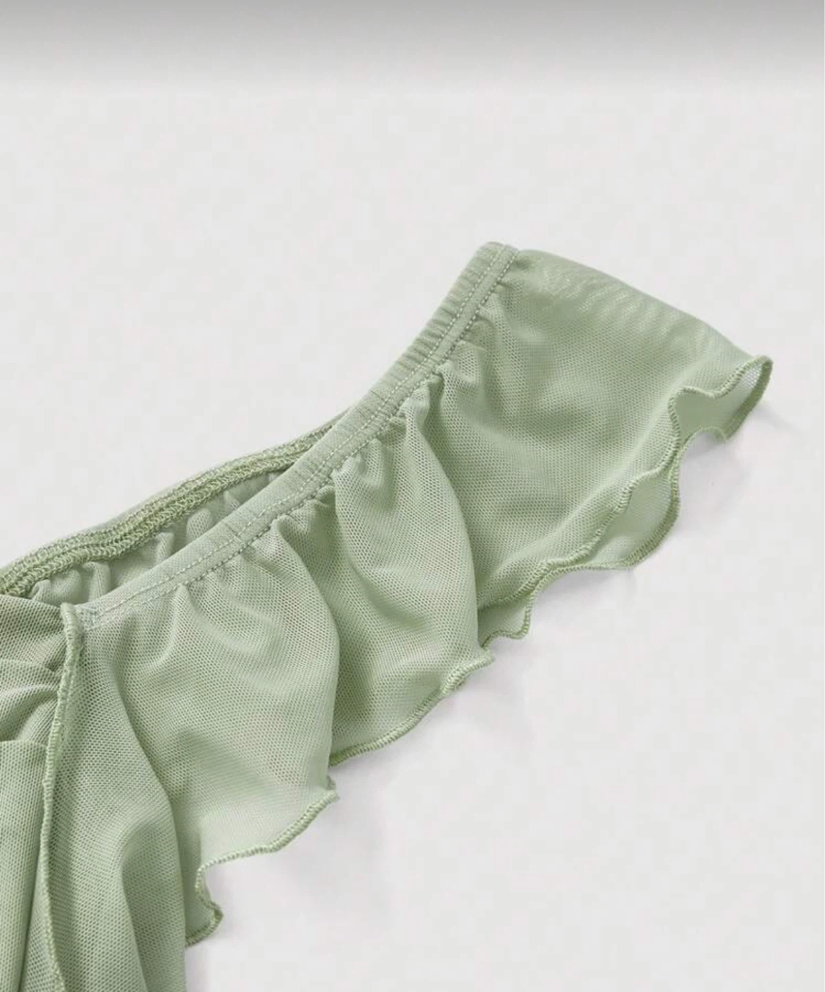 Sage Green Ruched Mesh Crop Top with Ruffles - photo 5