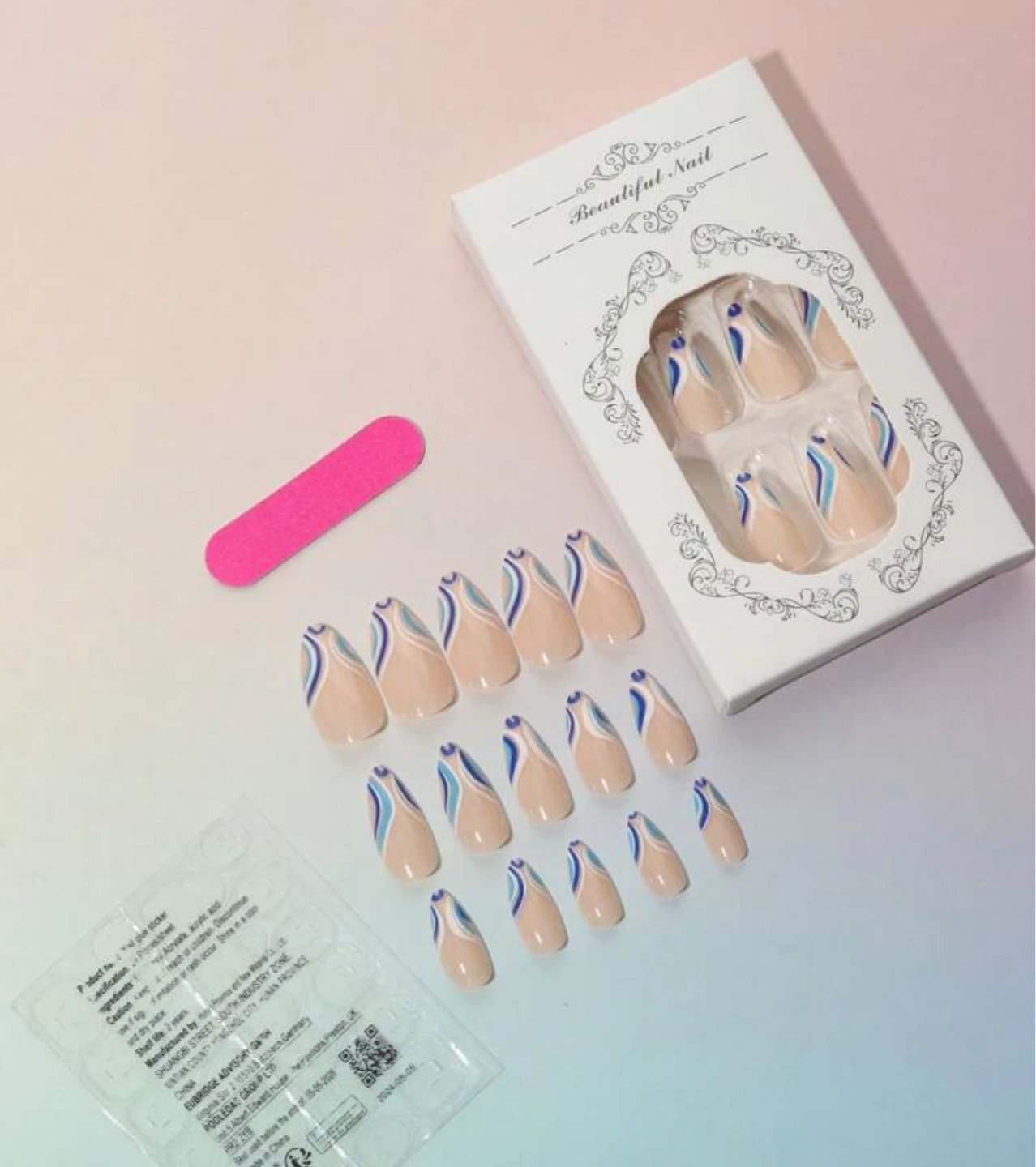 Press-On Nails with Blue and White Swirl Design - photo 3