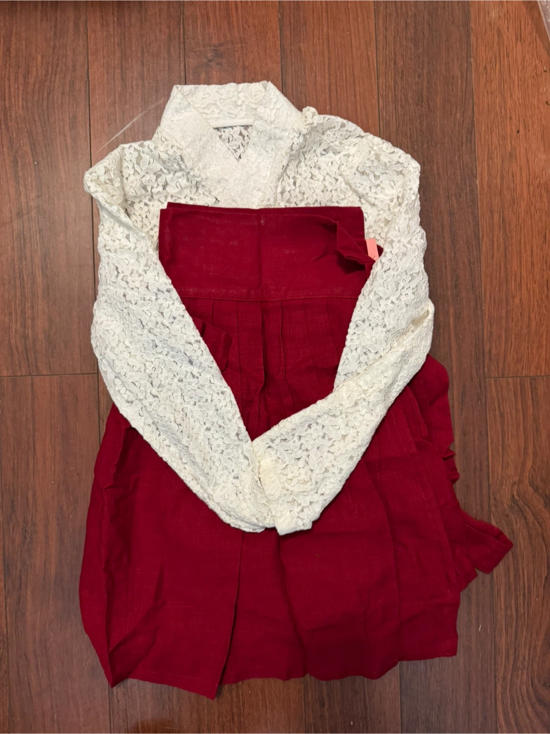 Hanbok White Lace Top and Red Skirt Set