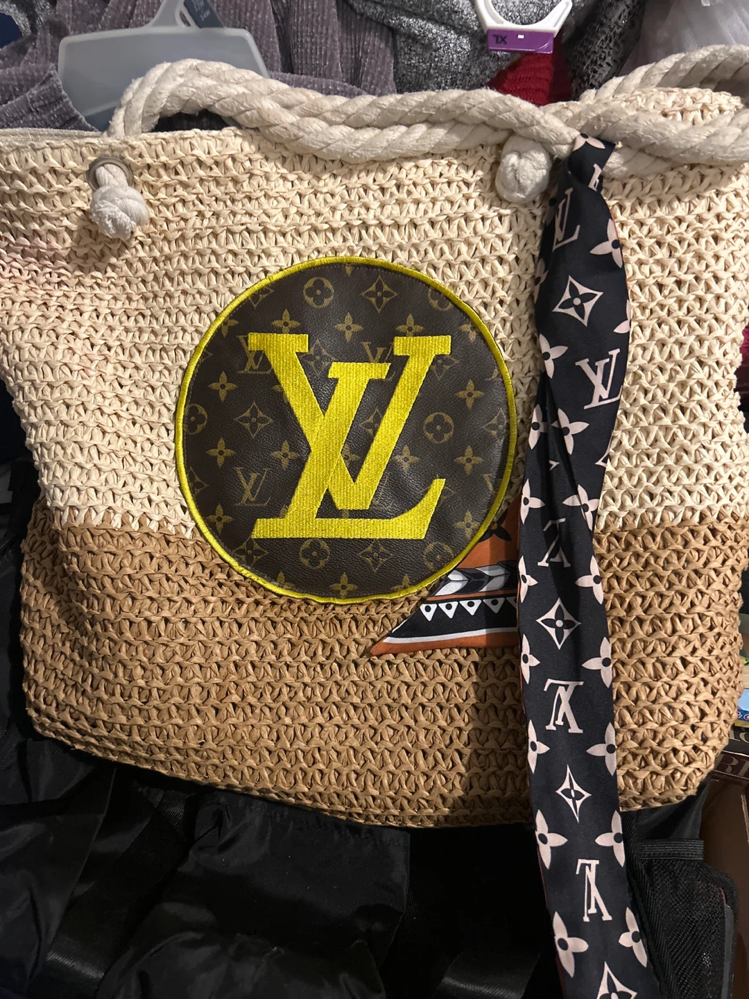Straw Tote Bag with Scarf