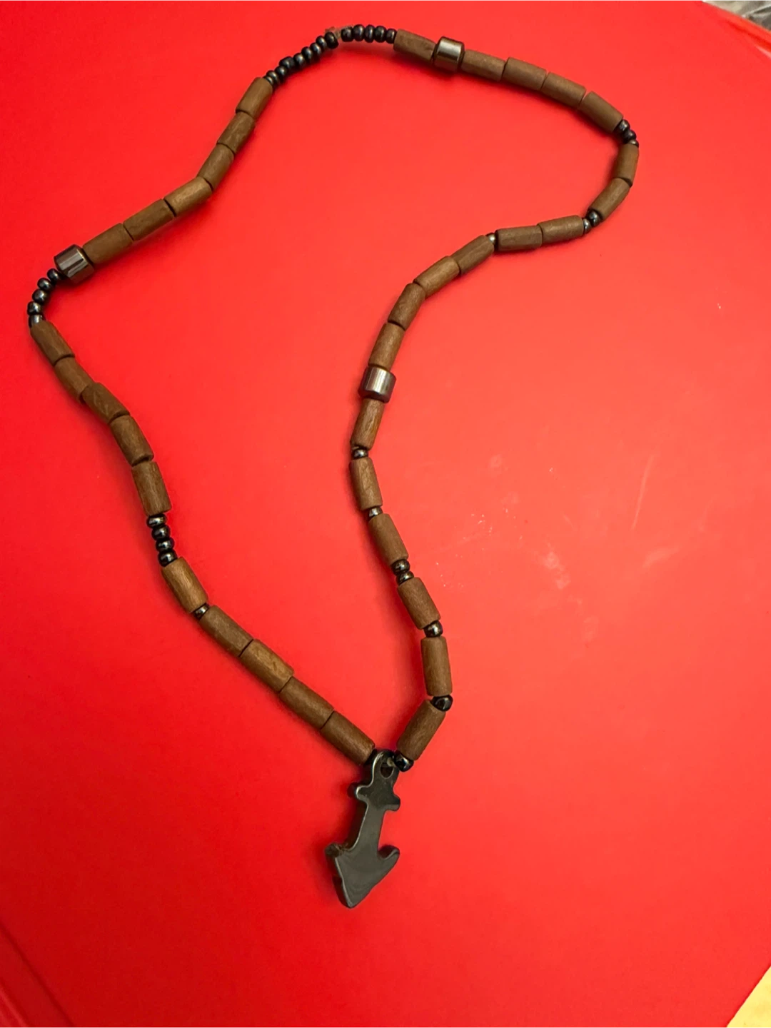 Wooden Bead Necklace with Anchor Pendant