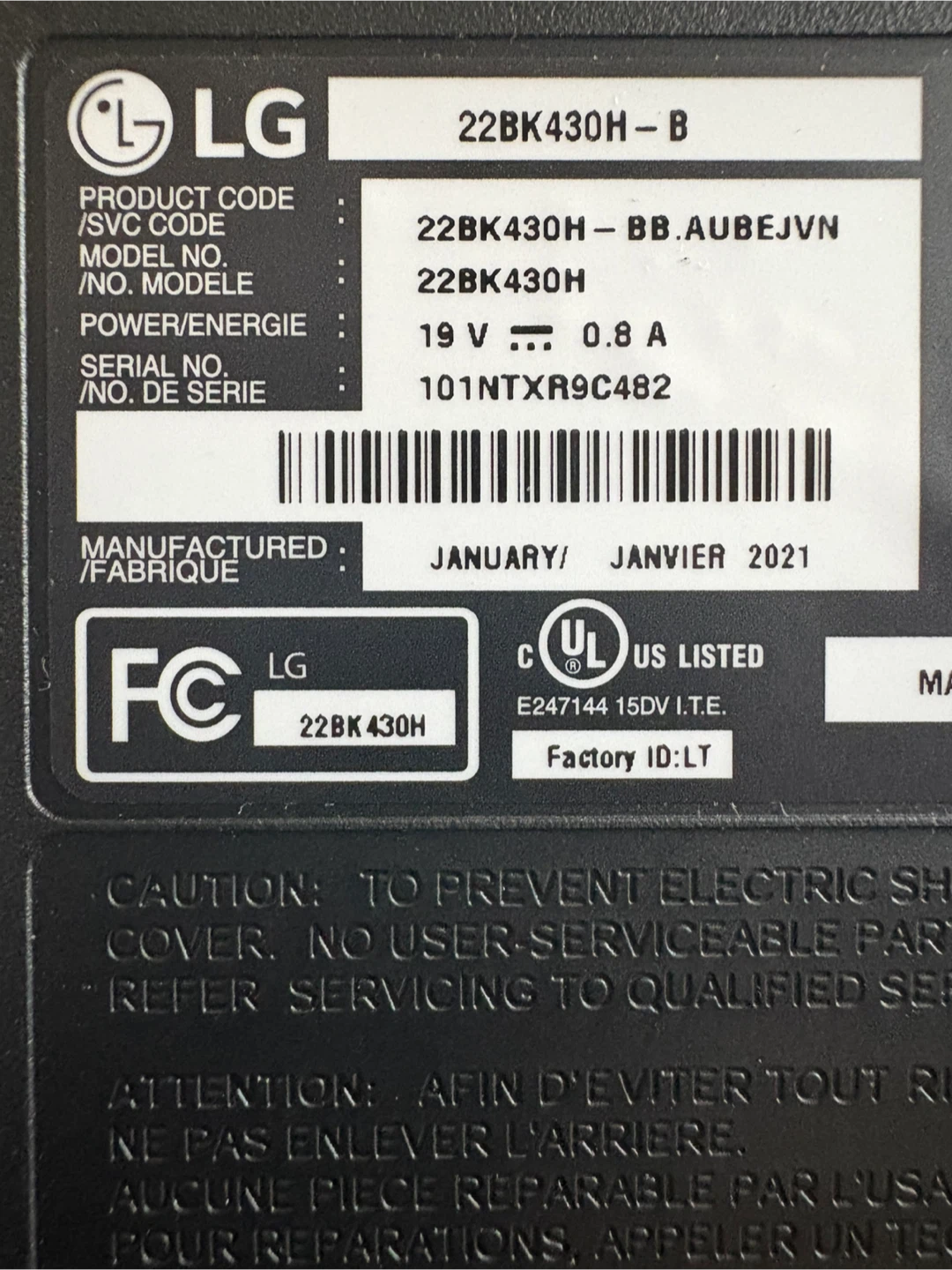22” LG Monitor & Power Cord - photo 2