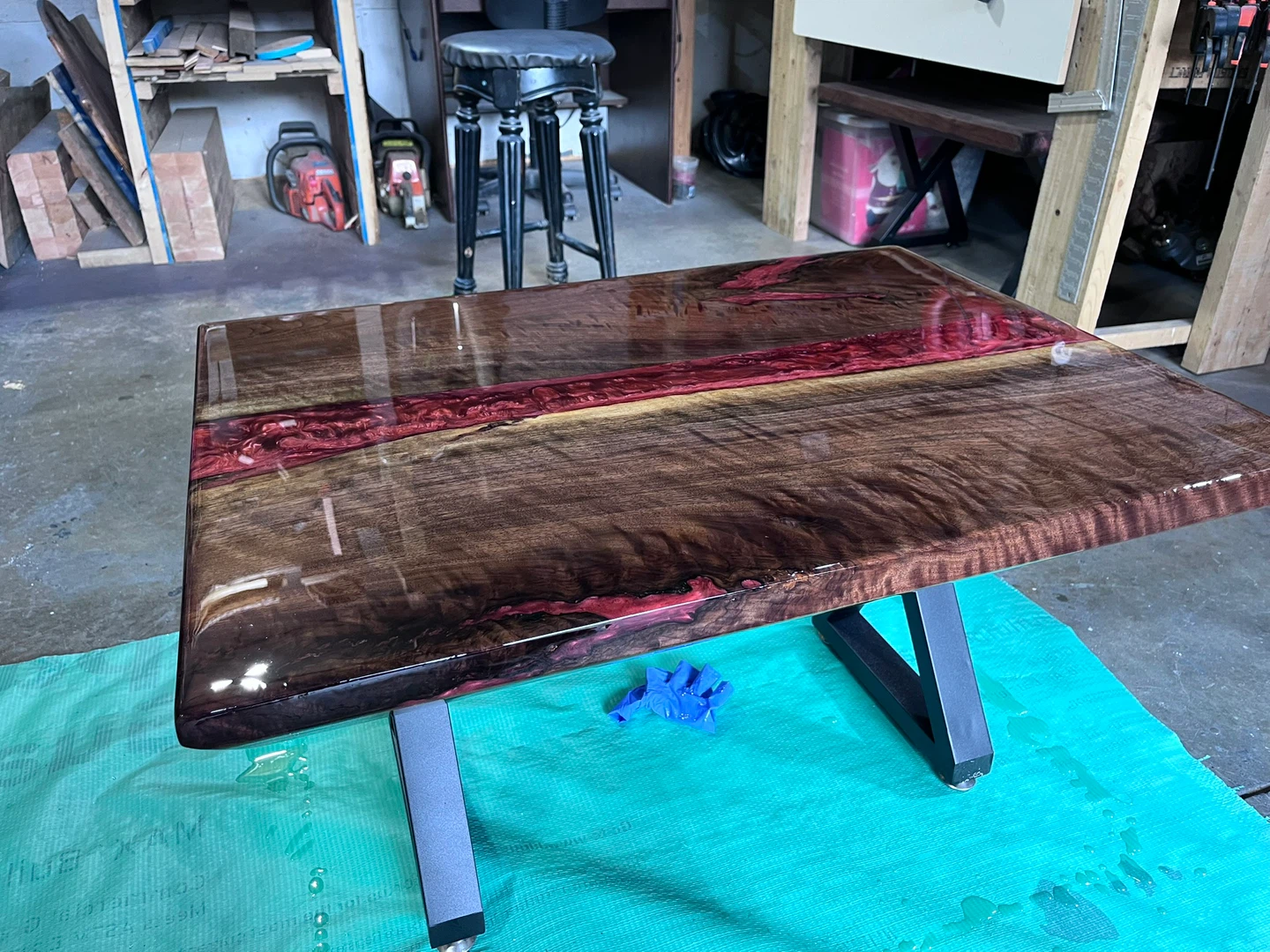 Live Edge dark walnut Wood and Red Resin Coffee Table