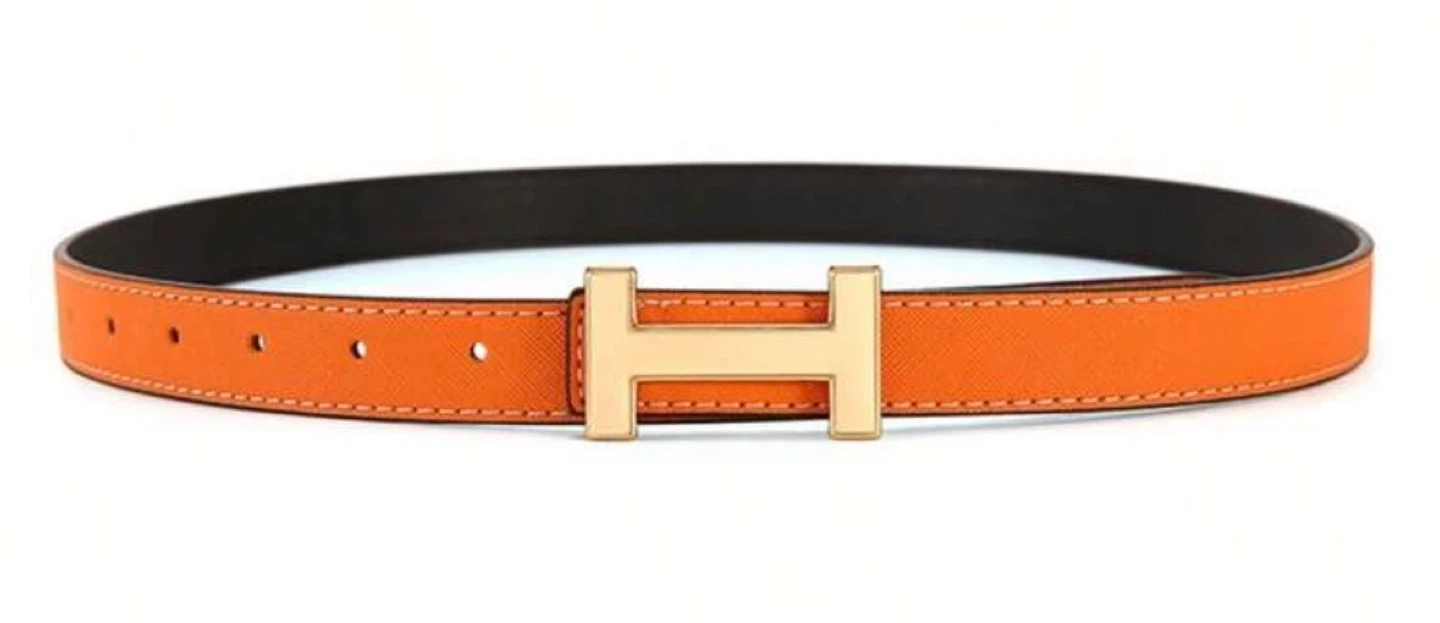 Orange Leather Belt with Gold H Buckle
