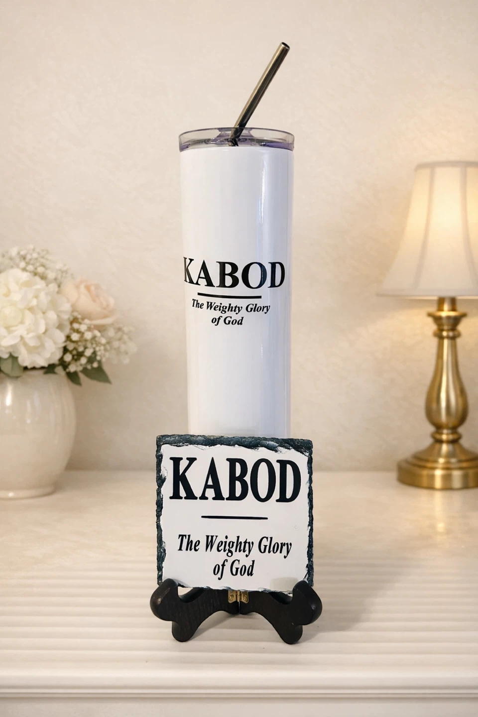 KABOD White Tumbler with Straw and Coaster