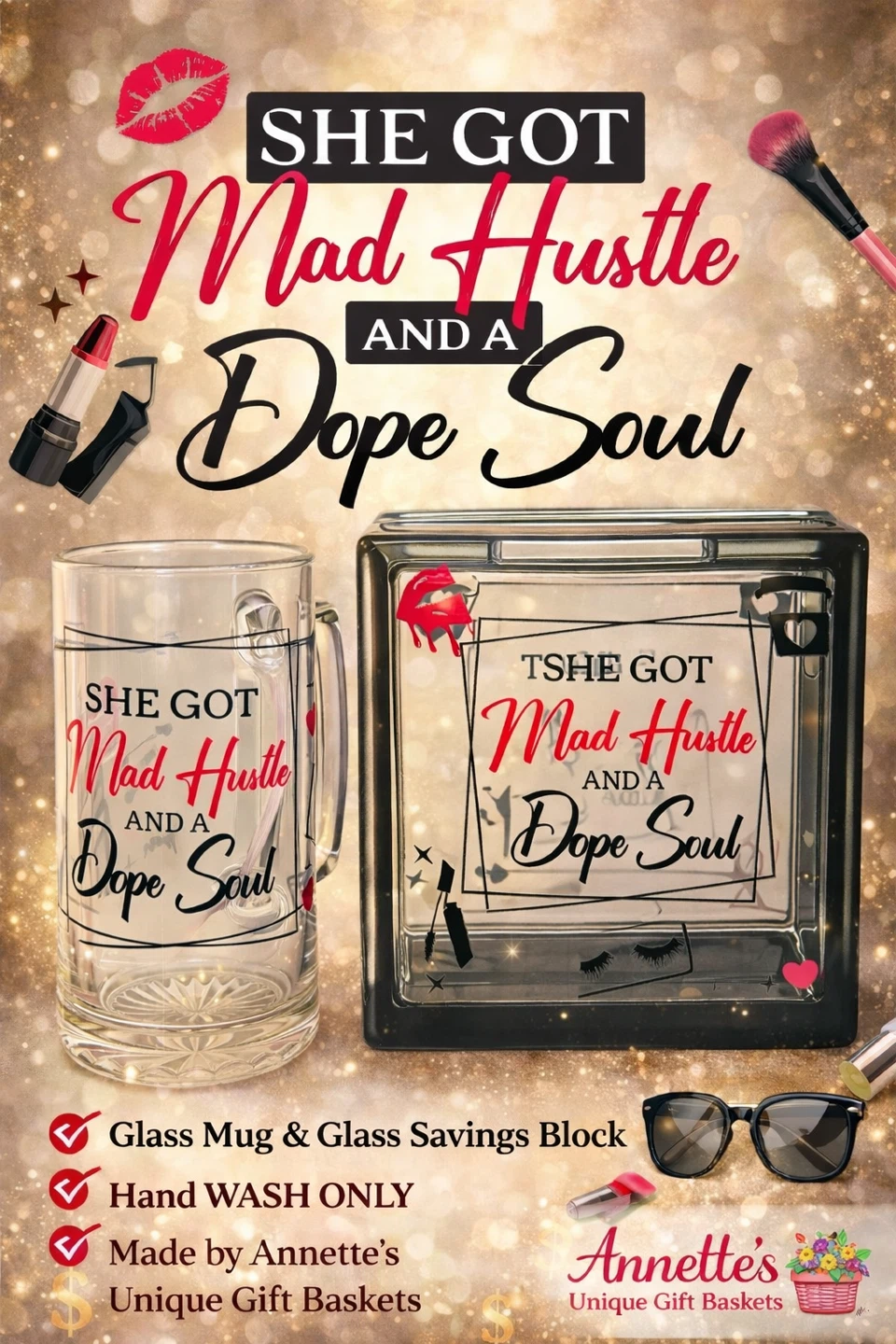 She Got Mad Hustle and a Dope Soul Glass Mug & Savings Block Set