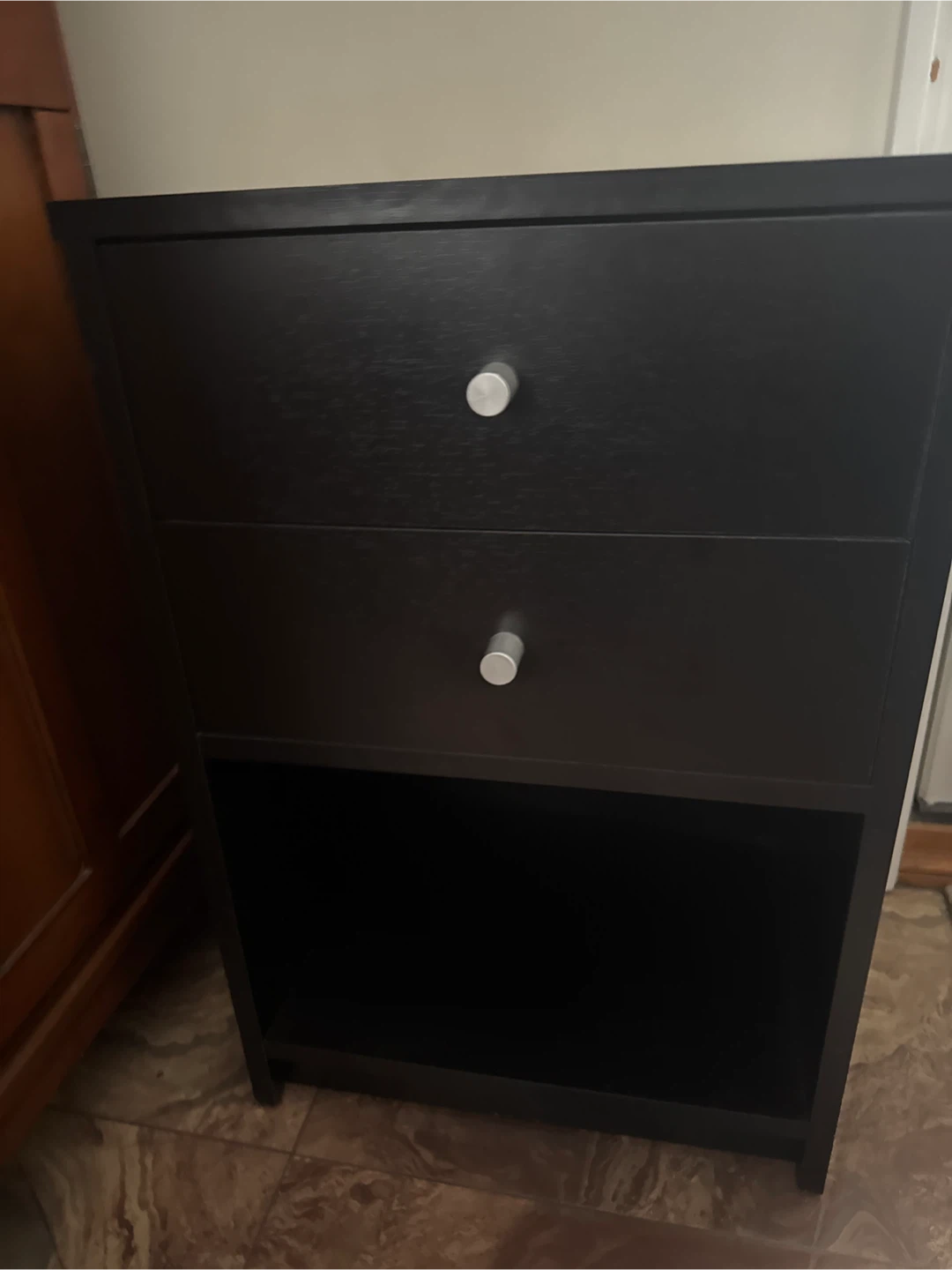 Black Nightstand with 2 Drawers and Open Shelf