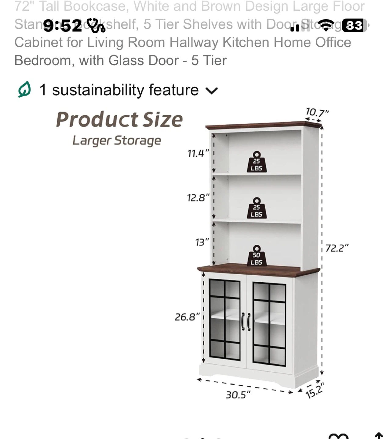 72" Tall White Bookcase with Glass Doors - 5 Tier