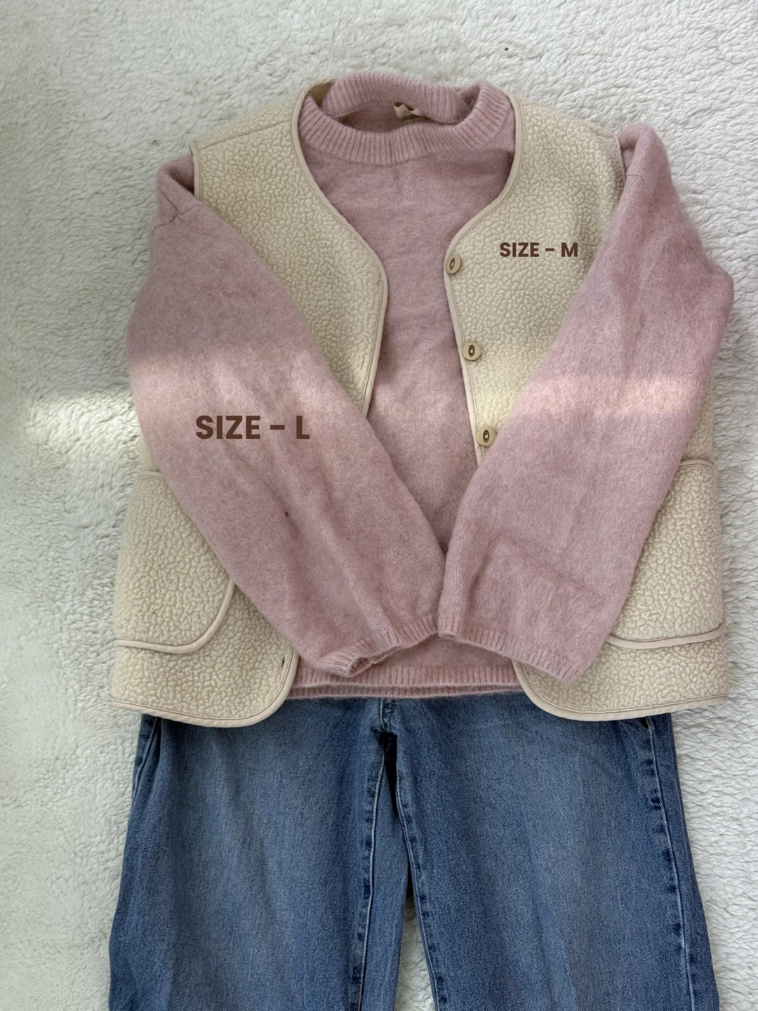 Pink Knit Sweater and Cream  Vest and Jeans - photo 2