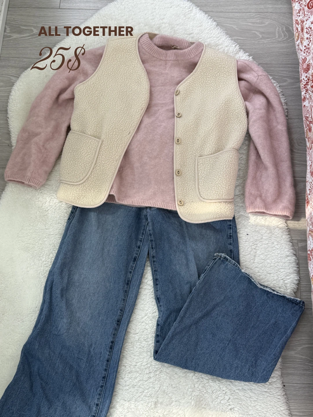 Pink Knit Sweater and Cream  Vest and Jeans