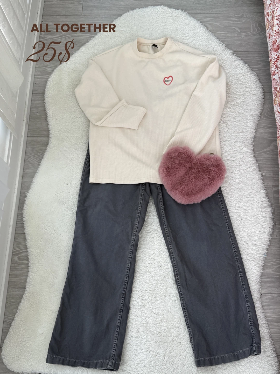 Cream Ribbed Long Sleeve Top & Grey Zara Jeans