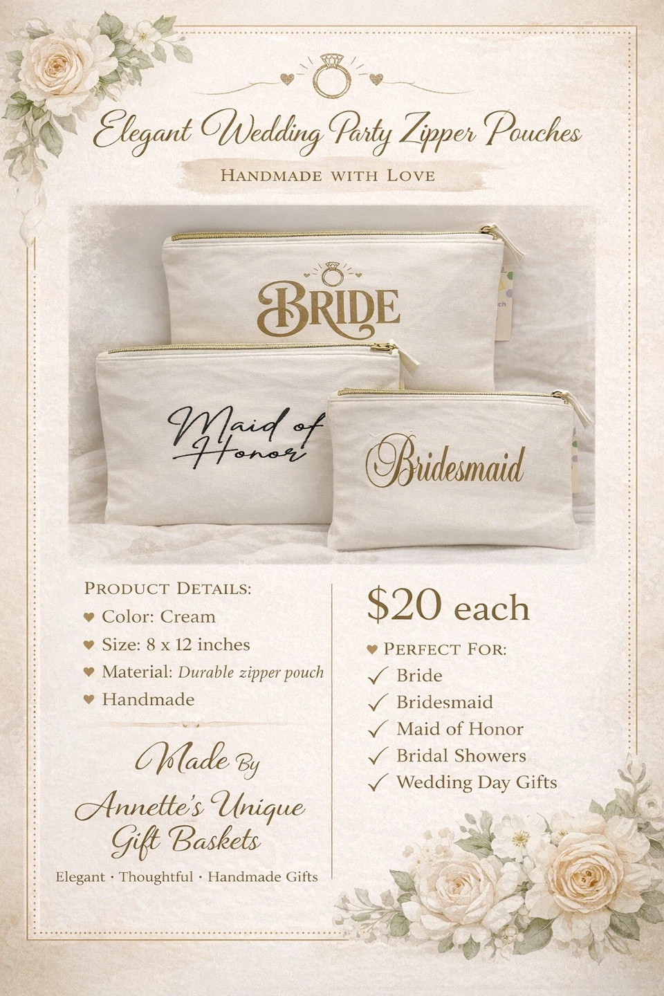 Annette's Unique Gift Baskets Bride Zipper Pouch Cream 8x12in - photo 2