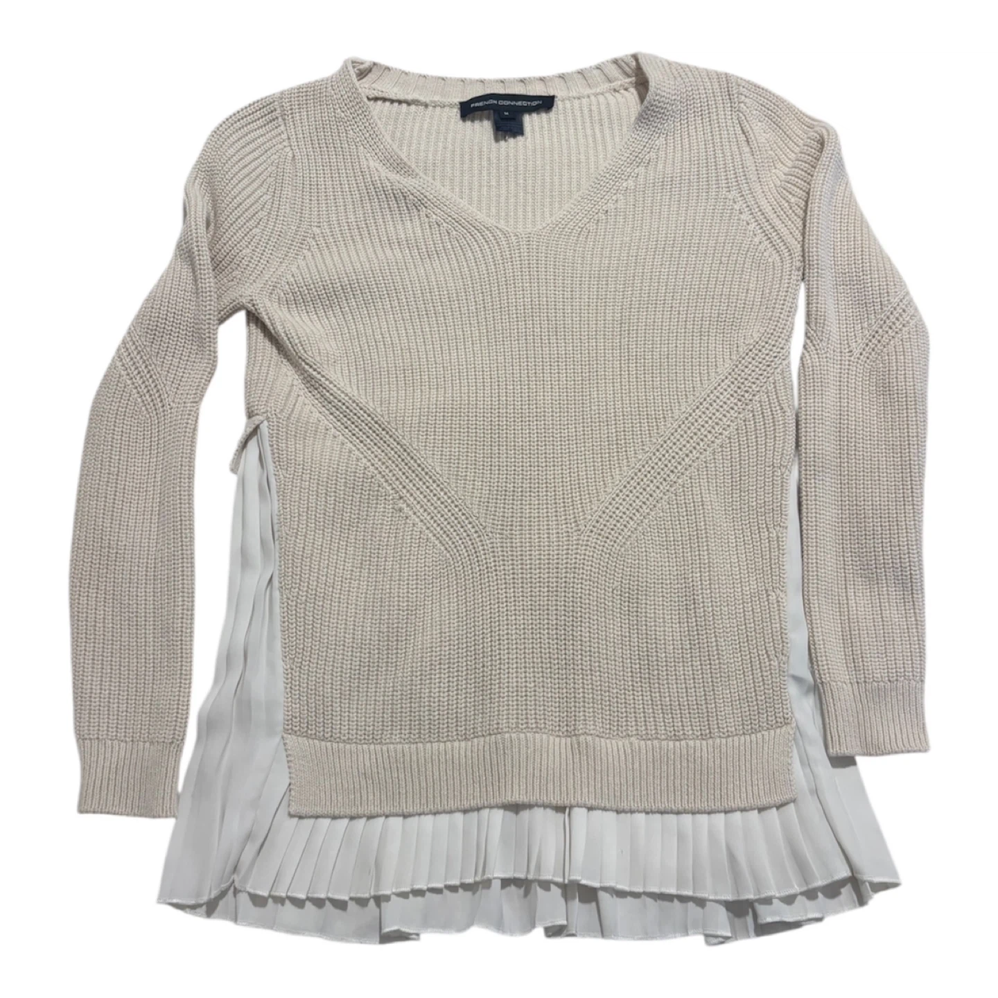 French Connection Women's Cream Knit Pleated Hem Sweater