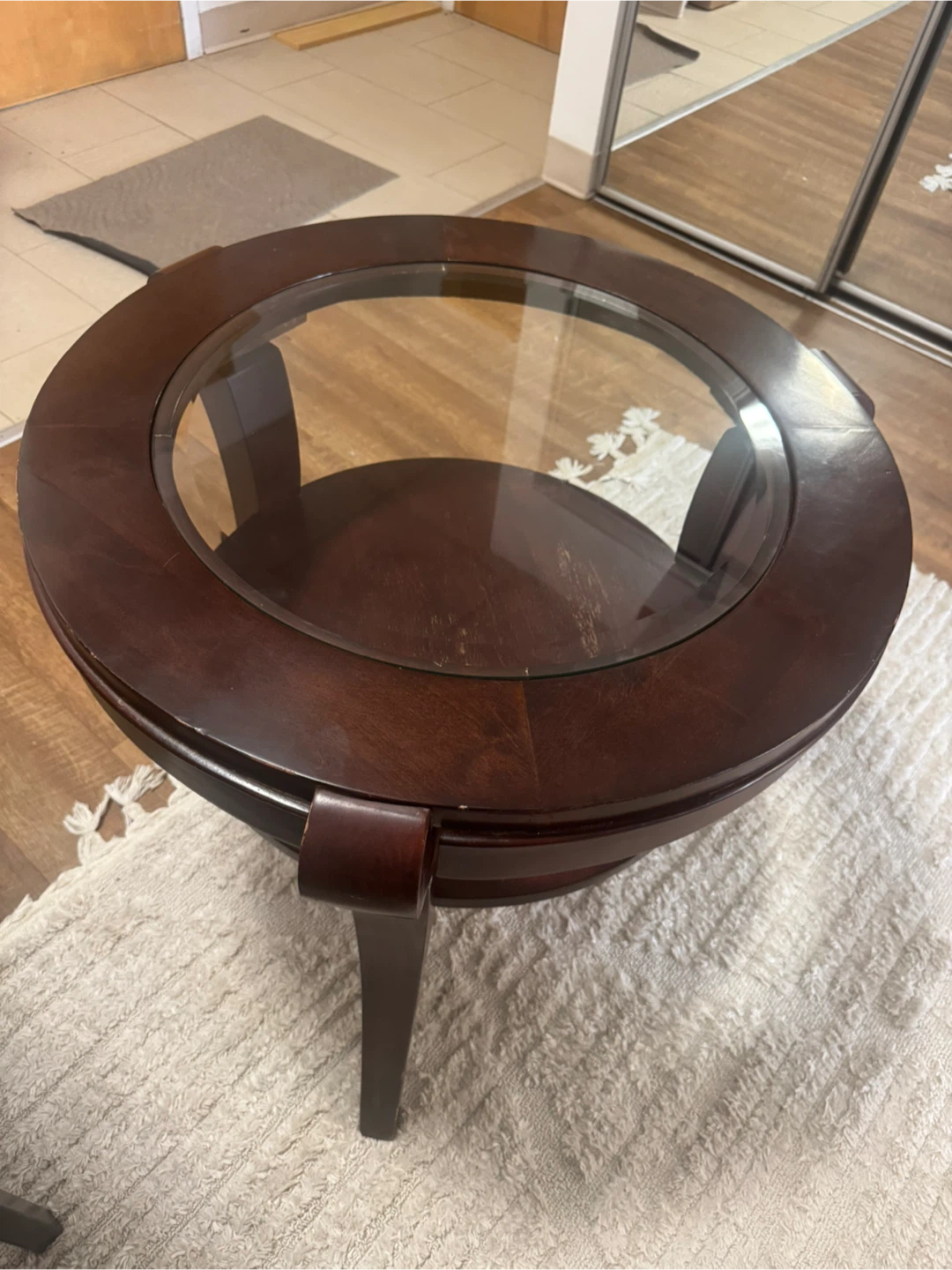 Round Wooden Side Table with Glass Top - photo 2