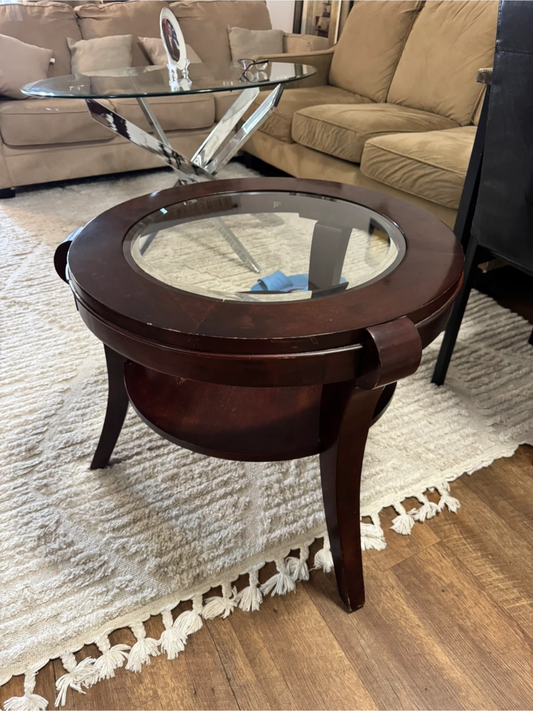 Round Wooden Side Table with Glass Top