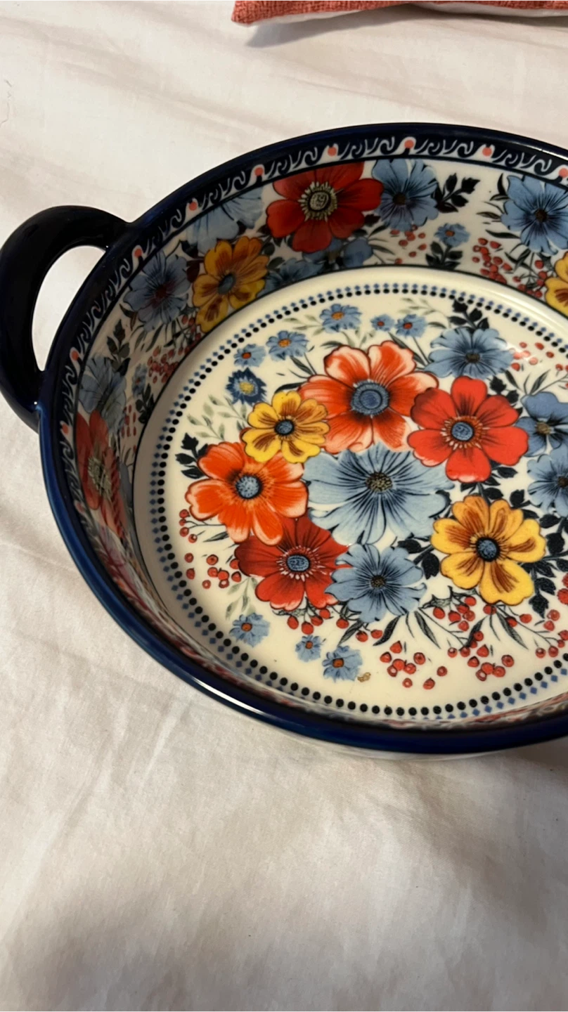 Never used. Floral Round Baking Dish with Handles