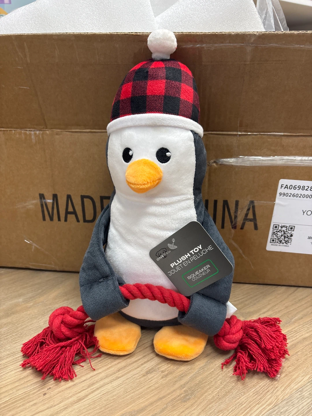 ONEPAW Penguin Plush Squeaker Toy with Rope