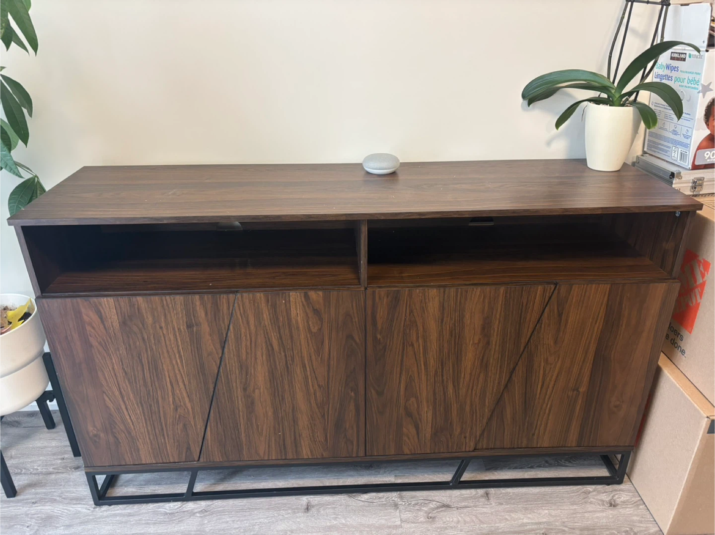 Dark Wood Media Console with Black Metal Legs