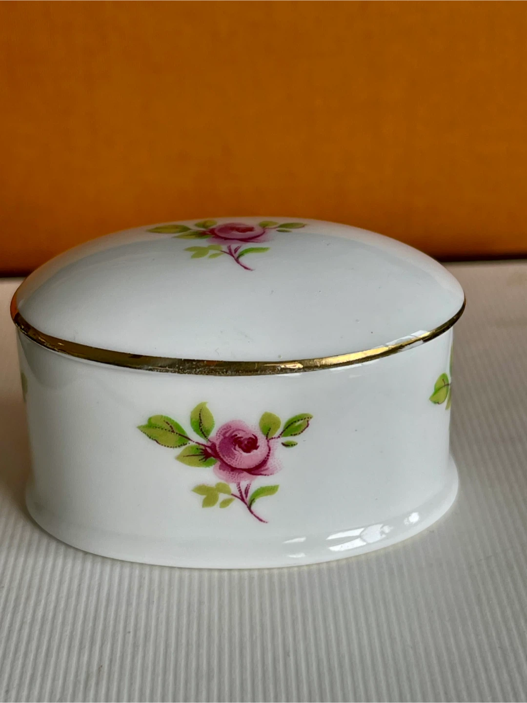 White Ceramic Trinket Box with Pink Roses