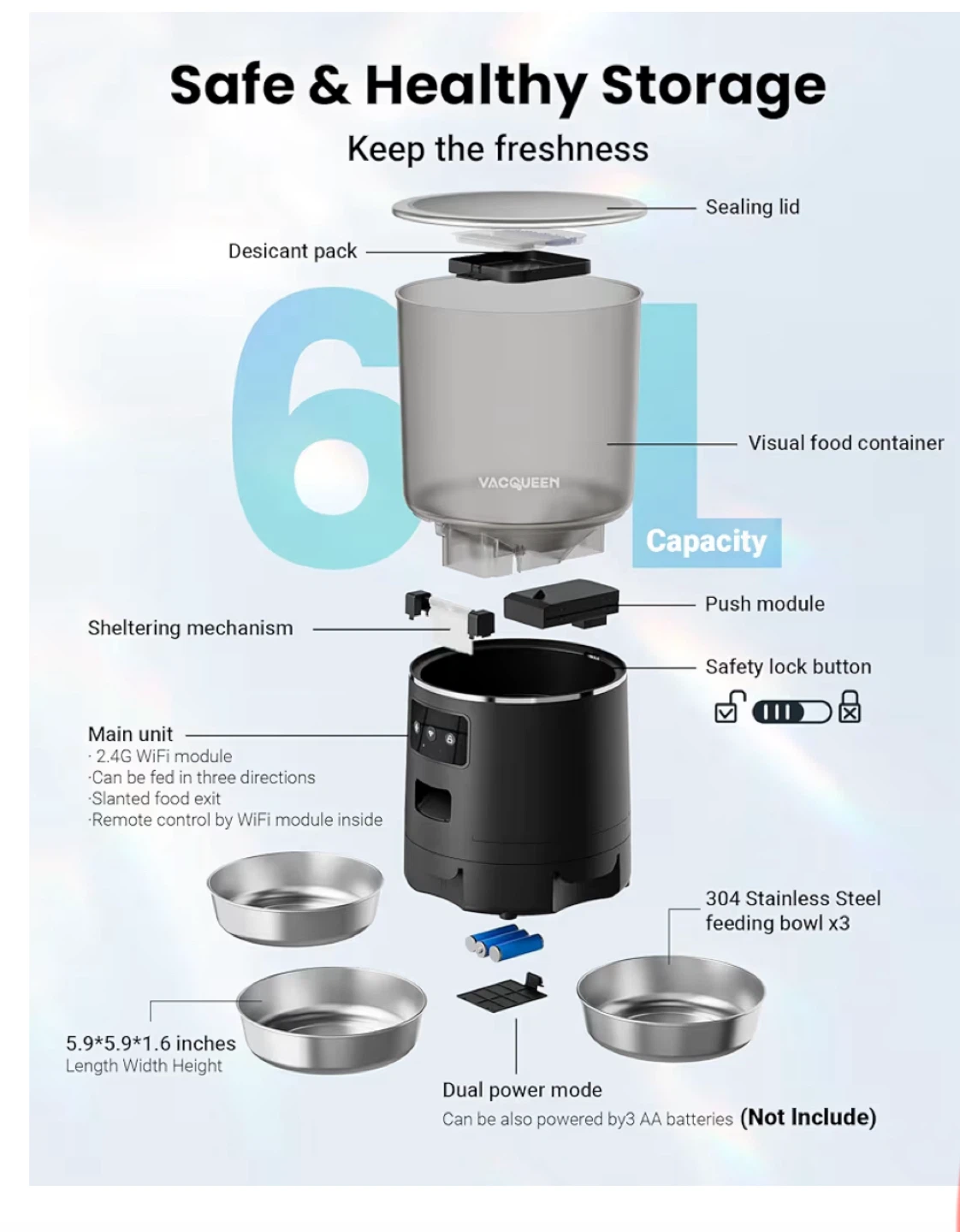 VACQEEN Automatic Pet Feeder with 3 Bowls and WiFi Control - photo 3