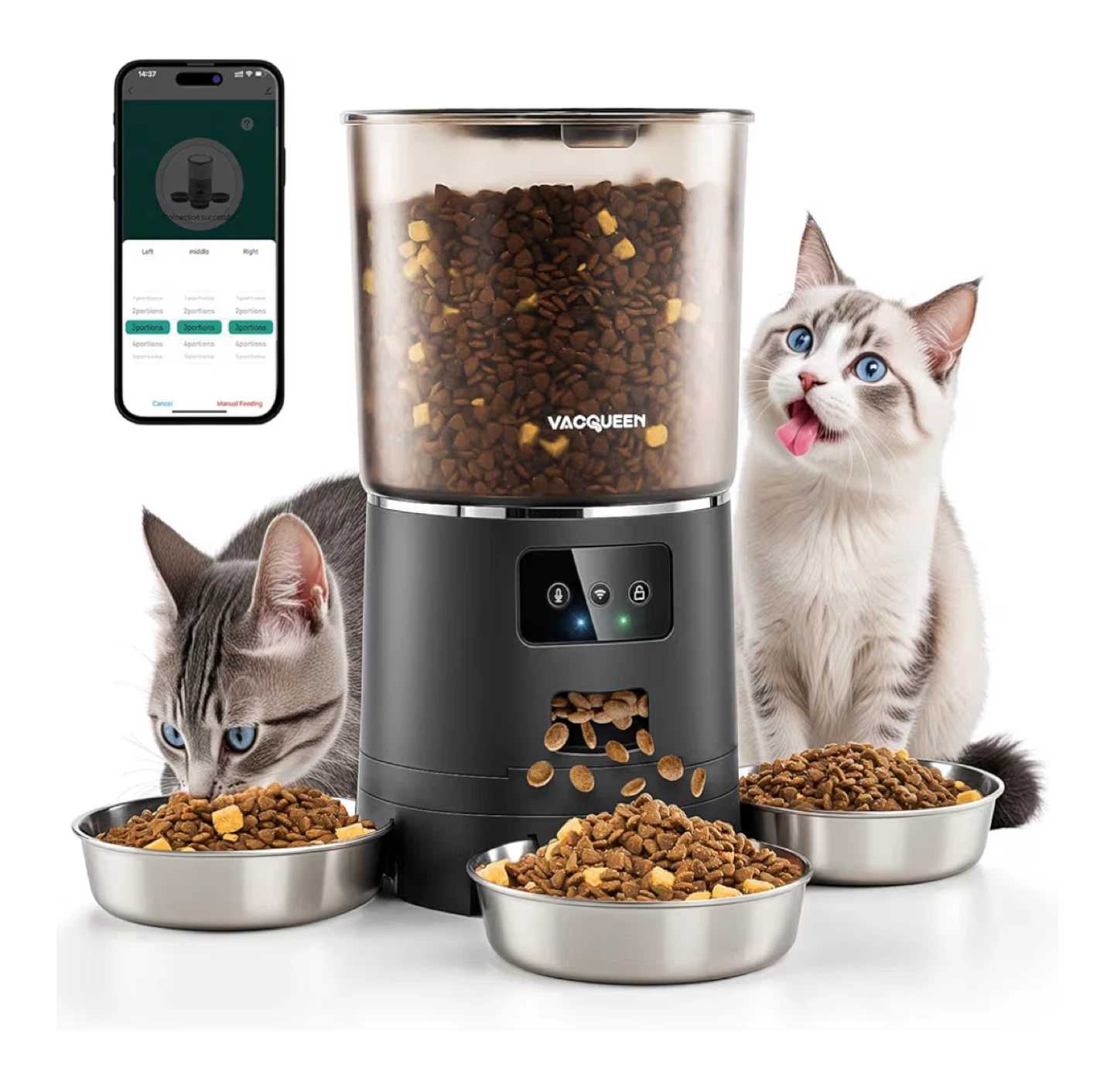 VACQEEN Automatic Pet Feeder with 3 Bowls and WiFi Control