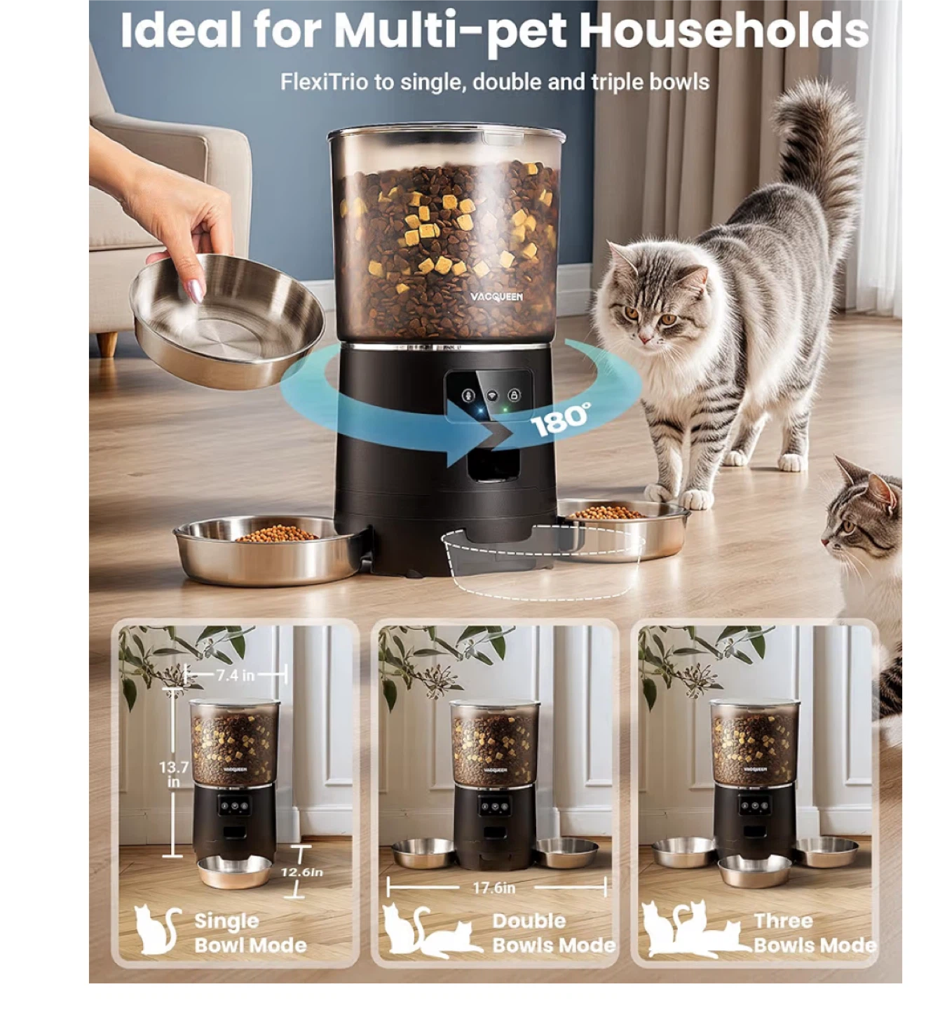 VACQEEN Automatic Pet Feeder with 3 Bowls and WiFi Control - photo 2