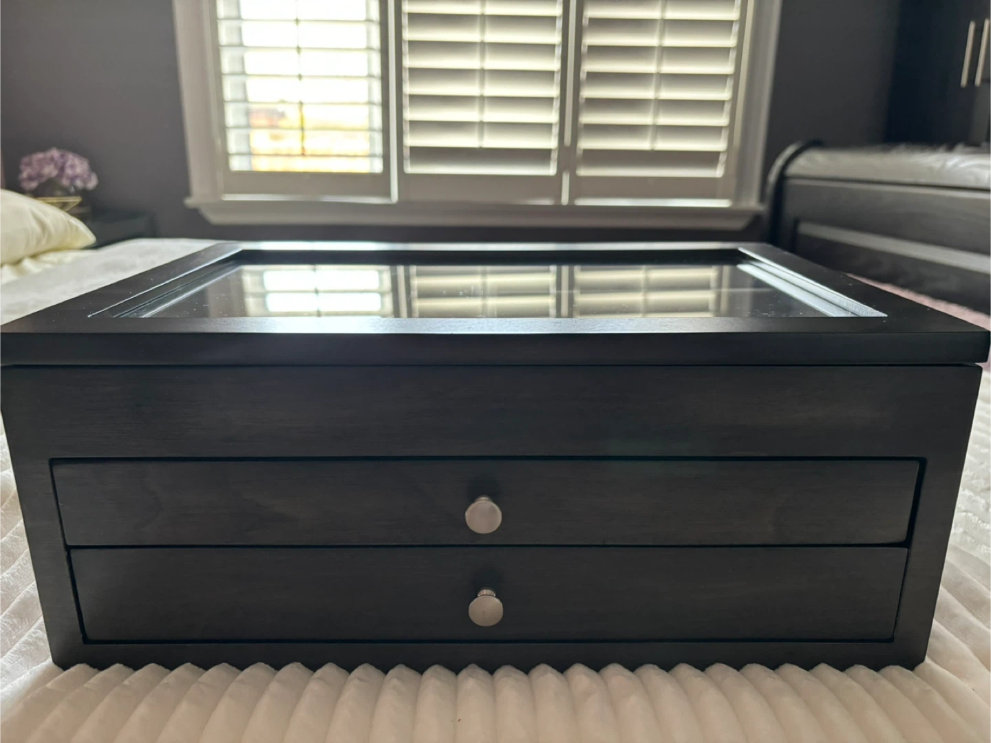 Dark Wood Jewellery Box with Glass Lid and Drawers