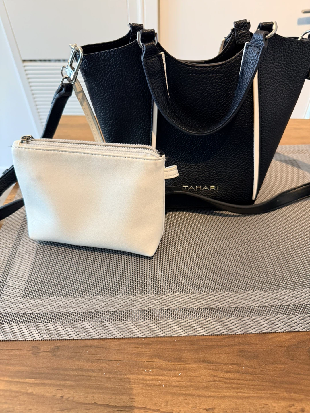 Tahari Black Pebble Grain Tote Bag with Matching Pouch