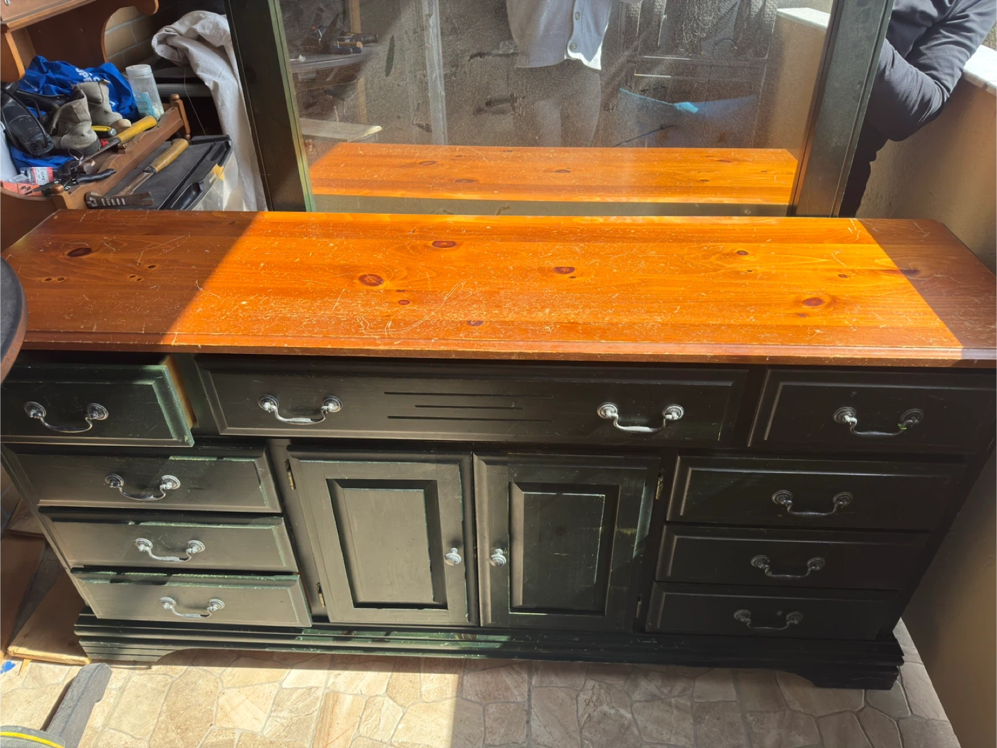 Dark Green Dresser with Wooden Top and Mirror - photo 2