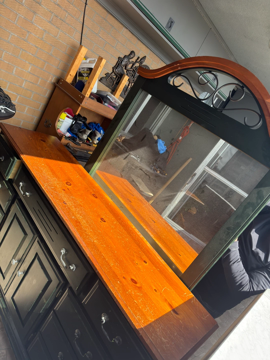 Dark Green Dresser with Wooden Top and Mirror