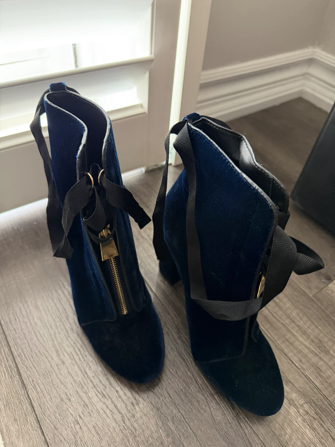 Blue Velvet Ankle Boots with Gold Zipper and Black Ribbon Detail