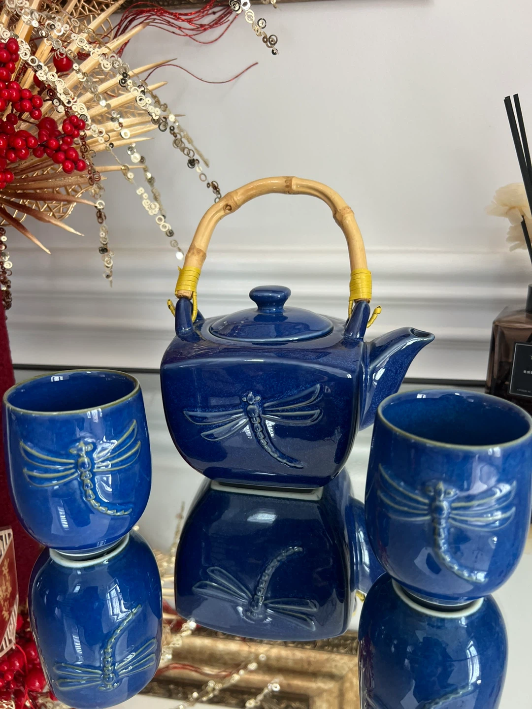 Adeline Fine Porcelains Blue Dragonfly Teapot and Cups Set