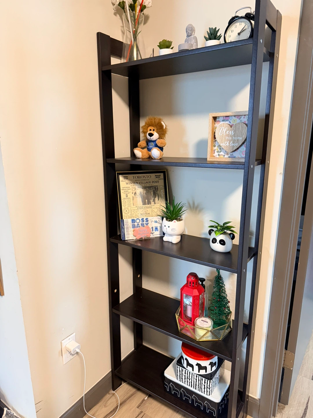 Ikea Dark Brown 5-Shelf Leaning Bookshelf
