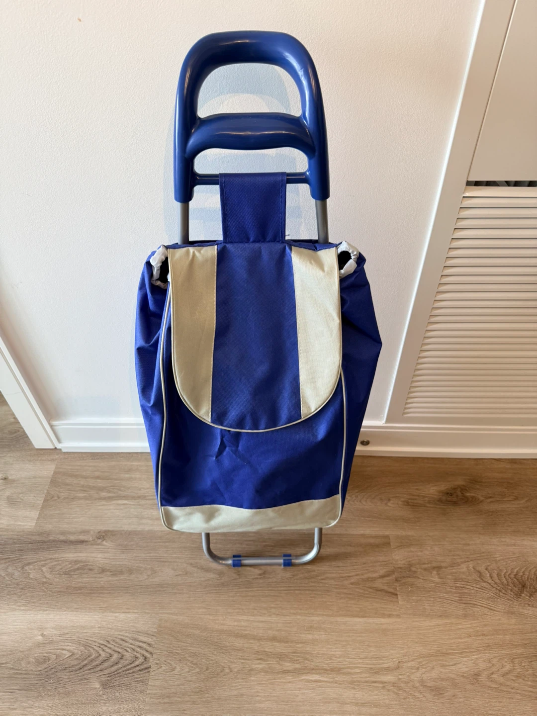 Blue and beige shopping trolley