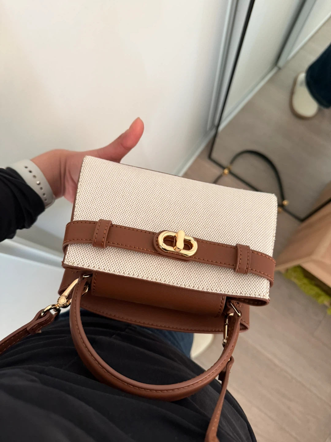 CHARLES & KEITH Canvas & Faux Leather Top Handle Bag