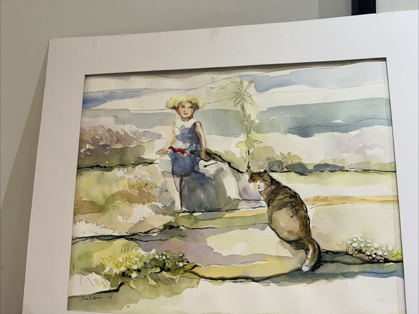Framed Watercolor Painting of a Girl and a Cat