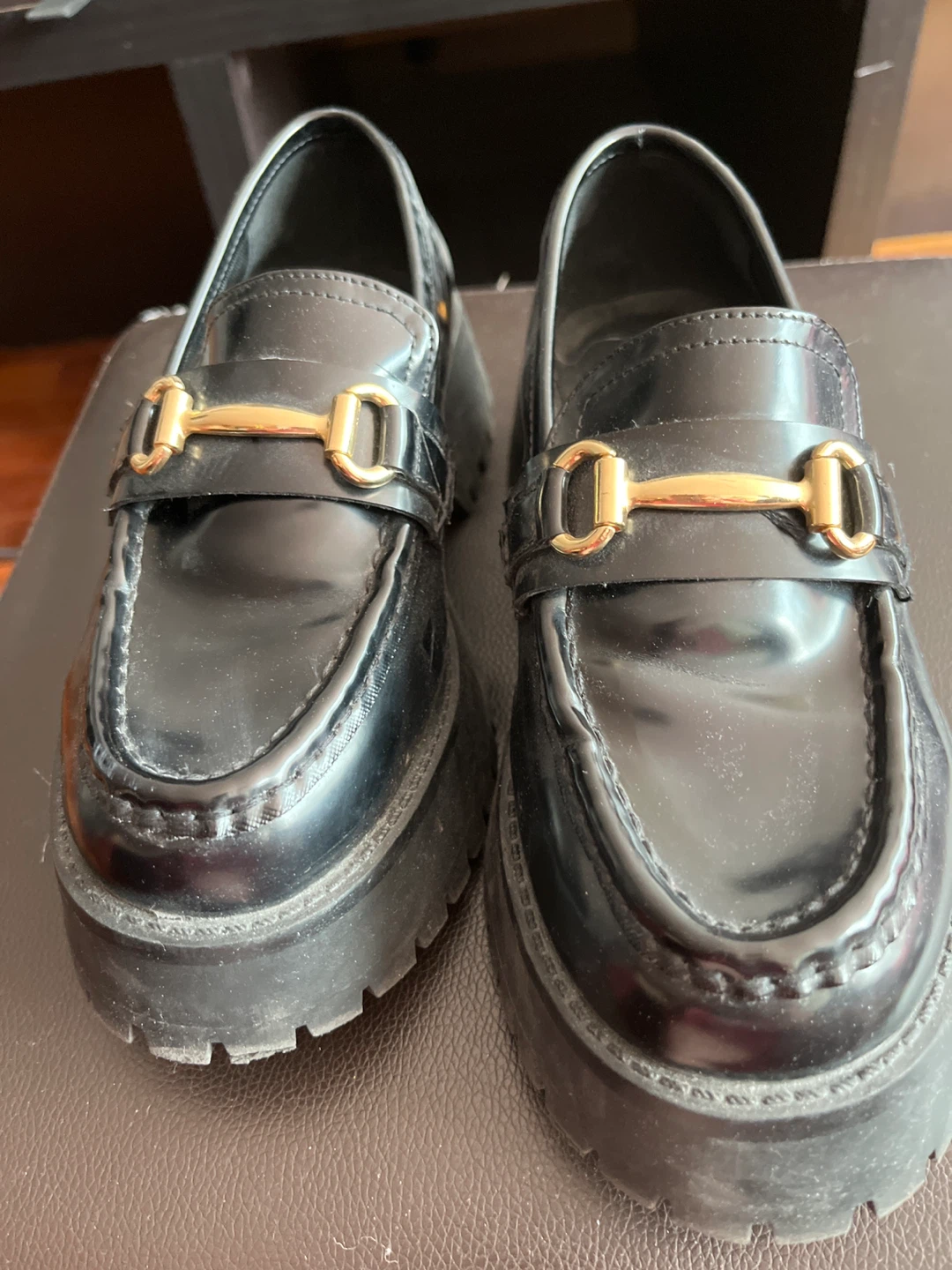 Black Platform Loafers with Gold Buckle