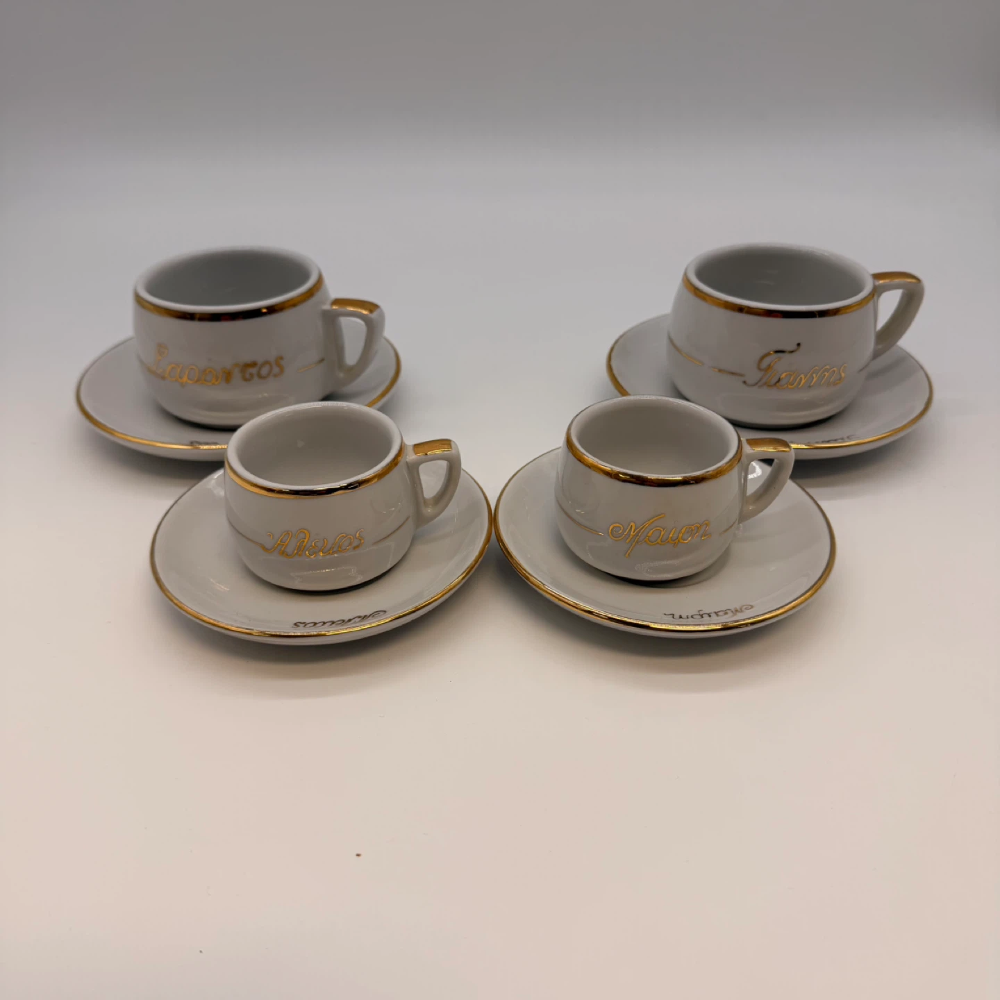 Vintage Greek Espresso Cups IONIA Hellas Gold Trim Demitasse