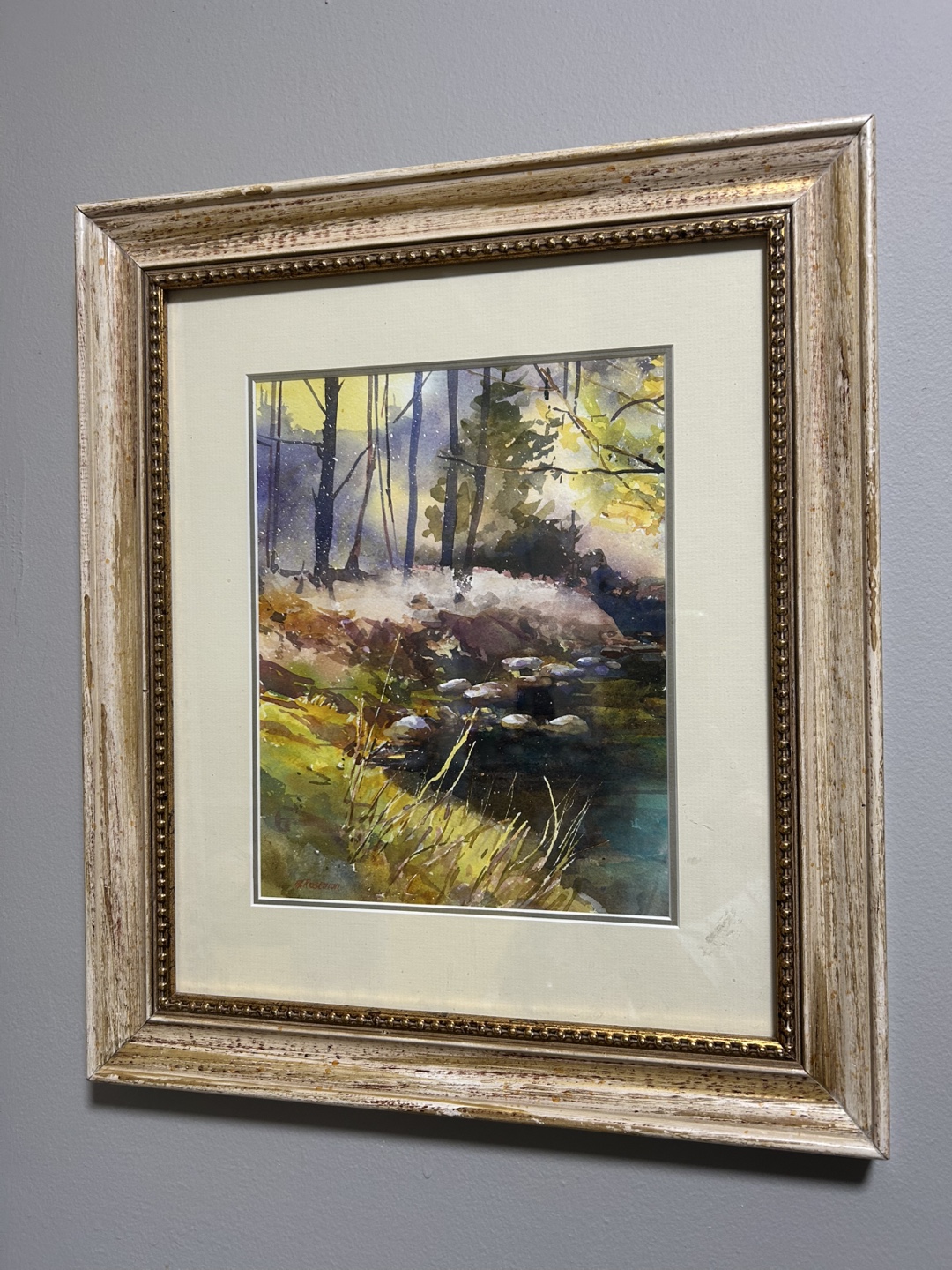 Framed Watercolor Landscape Painting of a Forest Stream - photo 2