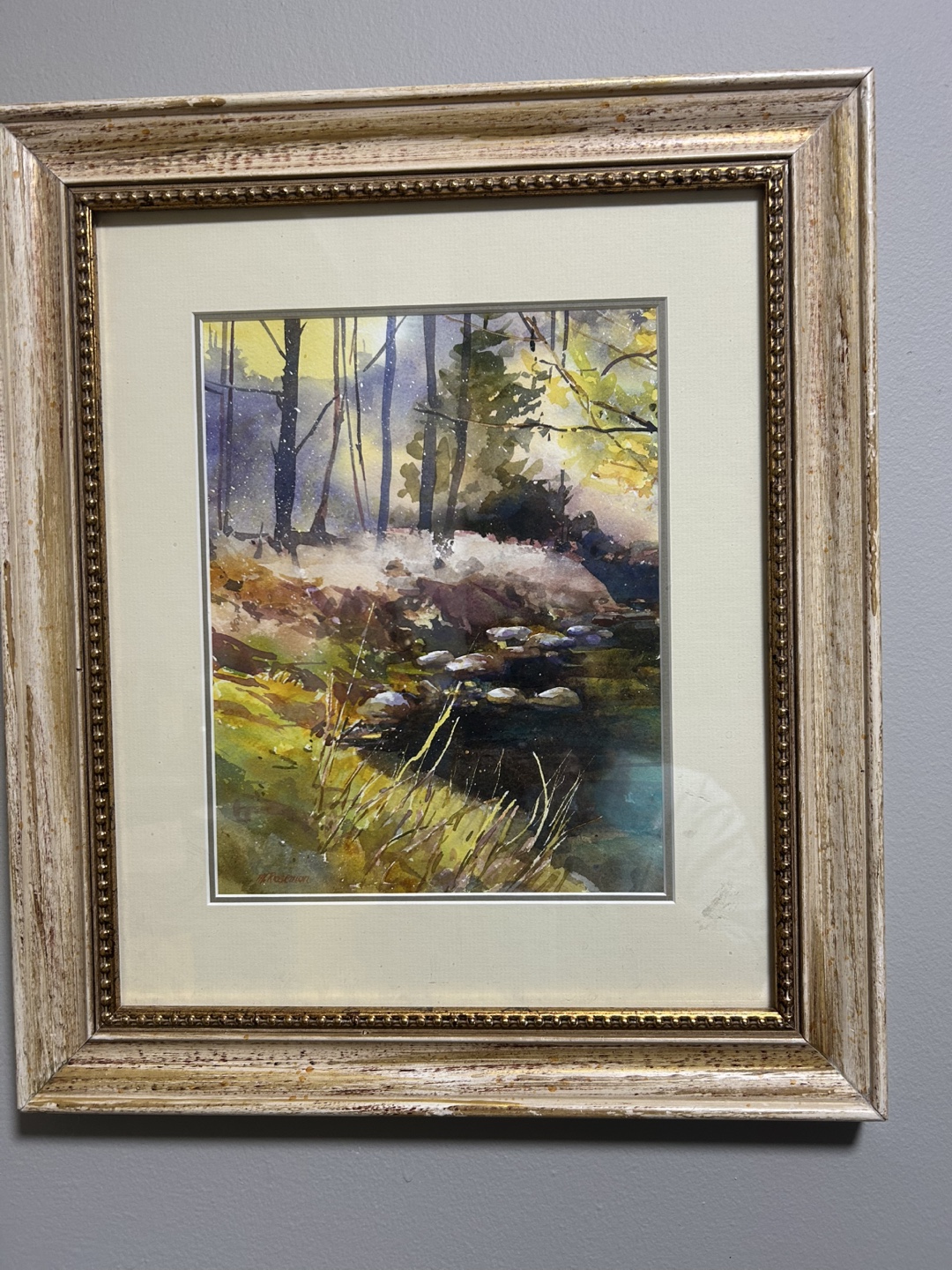 Framed Watercolor Landscape Painting of a Forest Stream