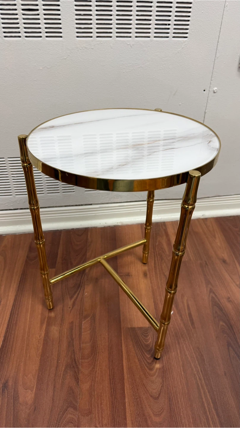 Round Marble Top Side Table with Gold Bamboo Legs