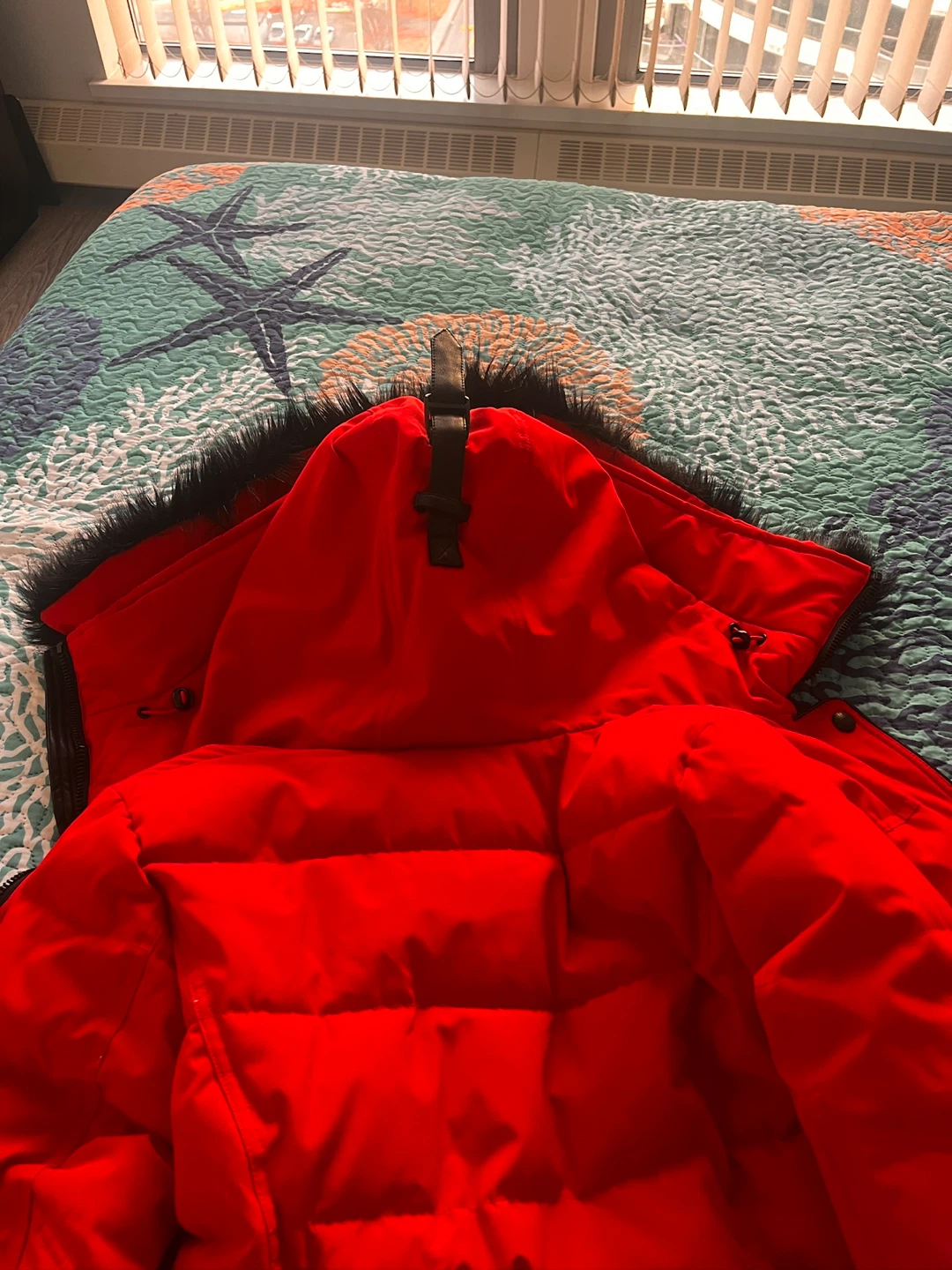 Guess Red Puffer Jacket with Fur Hood
