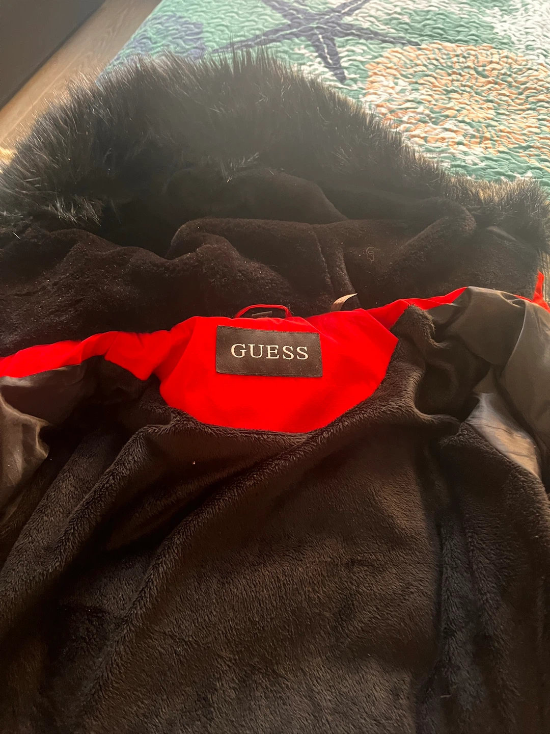 Guess Red Puffer Jacket with Fur Hood - photo 2