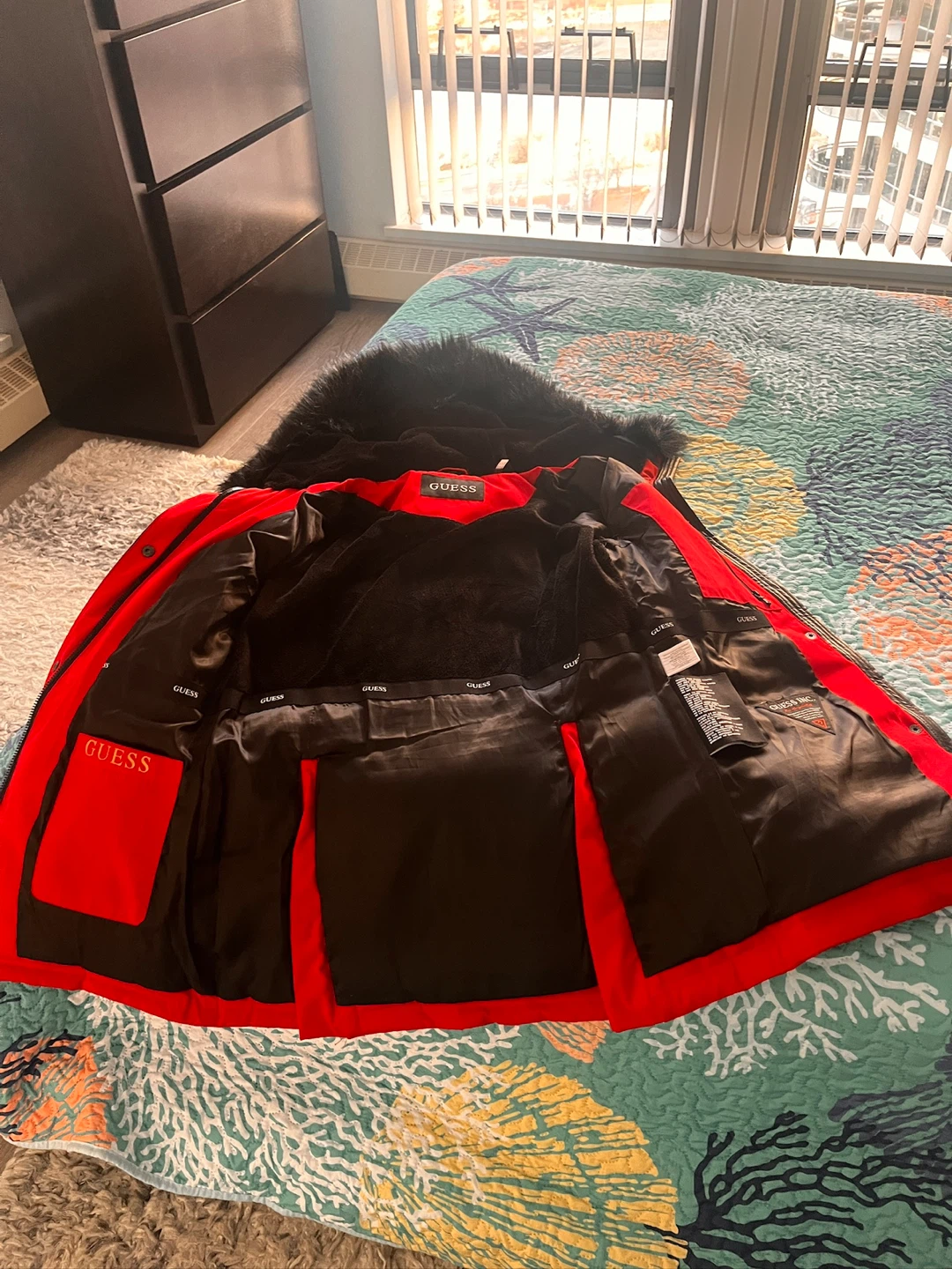 Guess Red Puffer Jacket with Fur Hood - photo 5