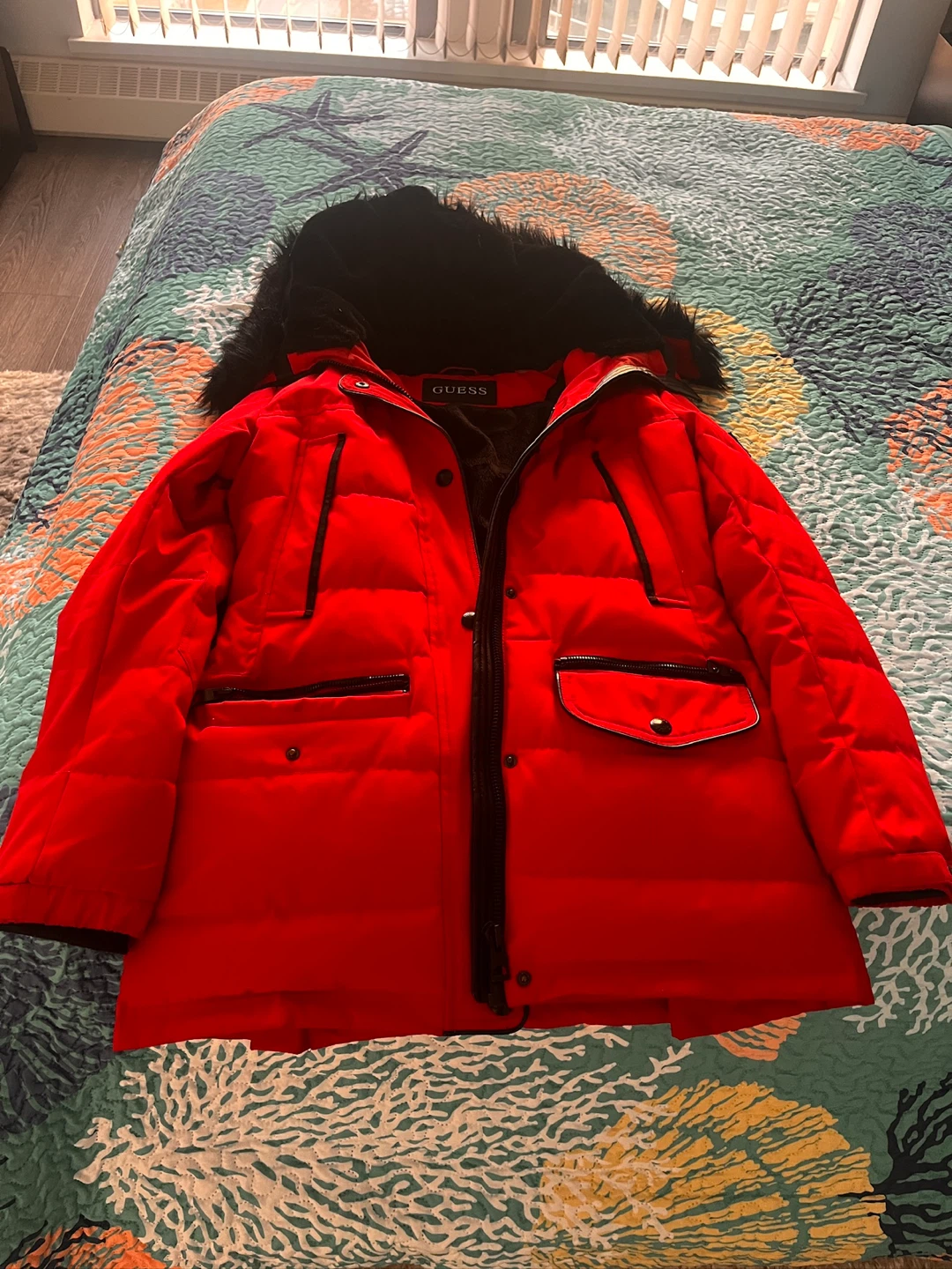 Guess Red Puffer Jacket with Fur Hood - photo 4